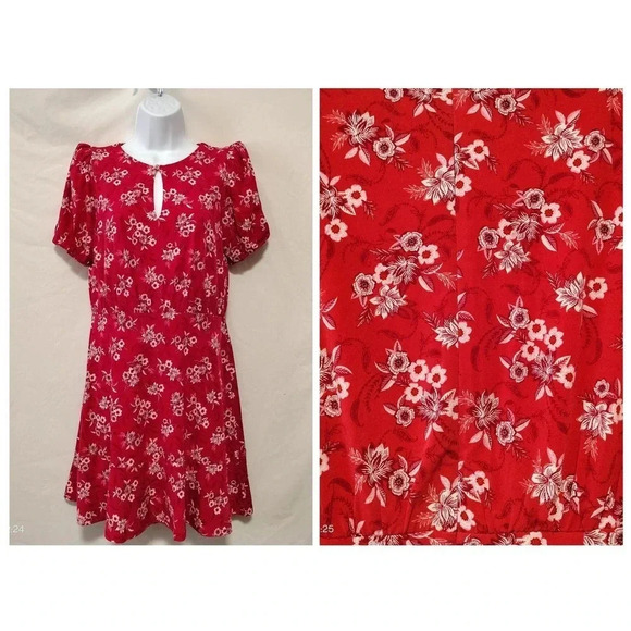 LOFT SZ 2p Red Floral Pattern Mini Fit and Flare Dress - Picture 1 of 10
